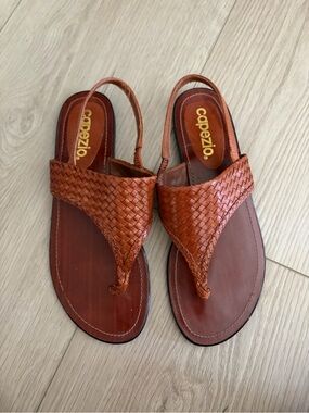 Vintage Capezio Woven Leather Slingback Sandals in Cognac
